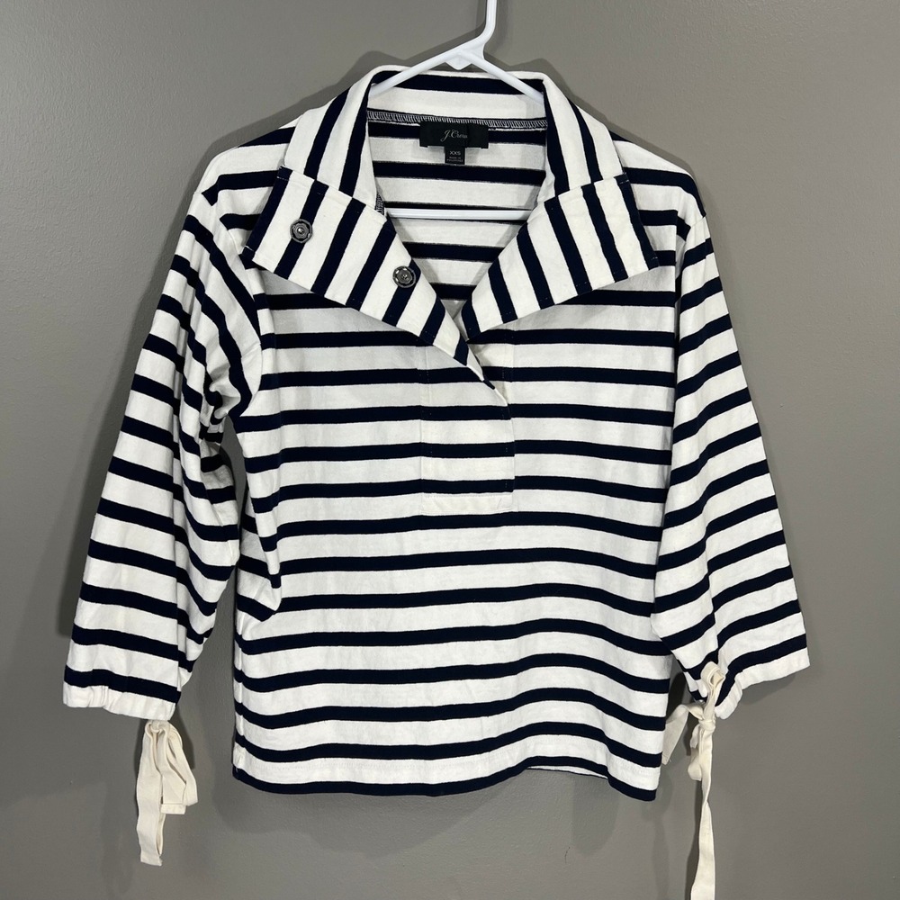 J.Crew Pullover Top Womens XXS Navy White Great Striped Tie Cuff Snap Neck J2159